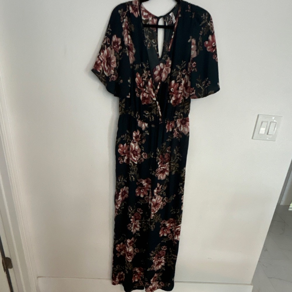 Floral V-Neck Maxi Jumpsuit in Dark Green and Rose